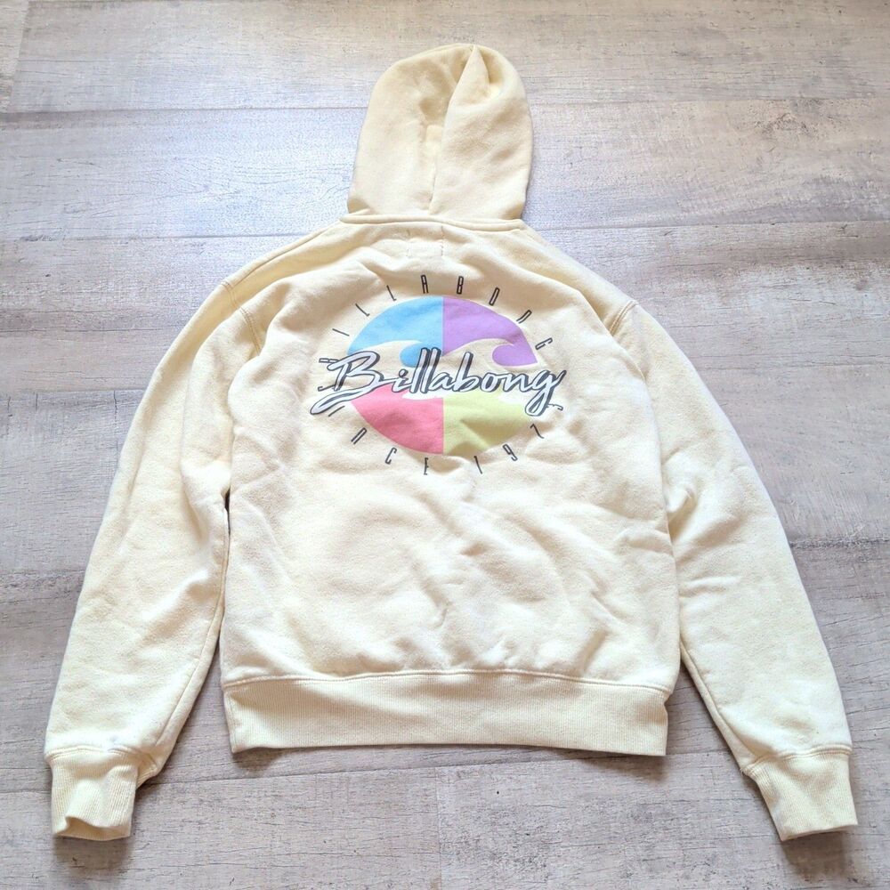 Billabong Yellow Pastel Wave Graphic Hoodie XS Pullover Sweatshirt Beach Surfer